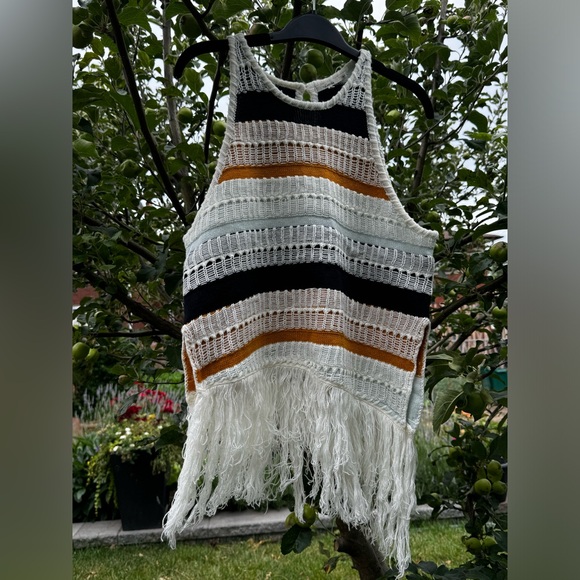 TULAROSA Brent Striped Crochet Slanted Knit Tank Fringe, Sz S - Picture 6 of 15
